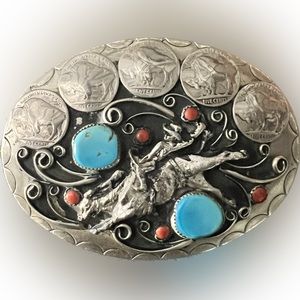 Hand Crafted SQUAW WRAP Signed Silver Belt Buckle Turquoise Coral Cowboy Horse
